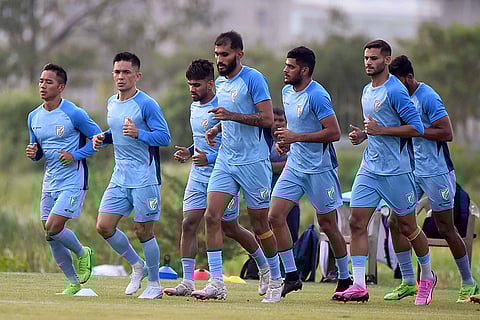 Sunil Chhetri with teammates during a training session in Kolkata